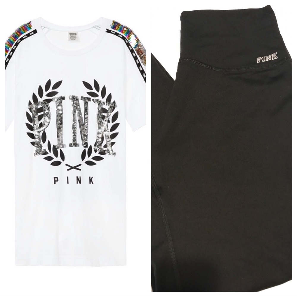 🔥VS PINK Bling White T-Shirt & Black Leggings🔥 - Picture 1 of 4